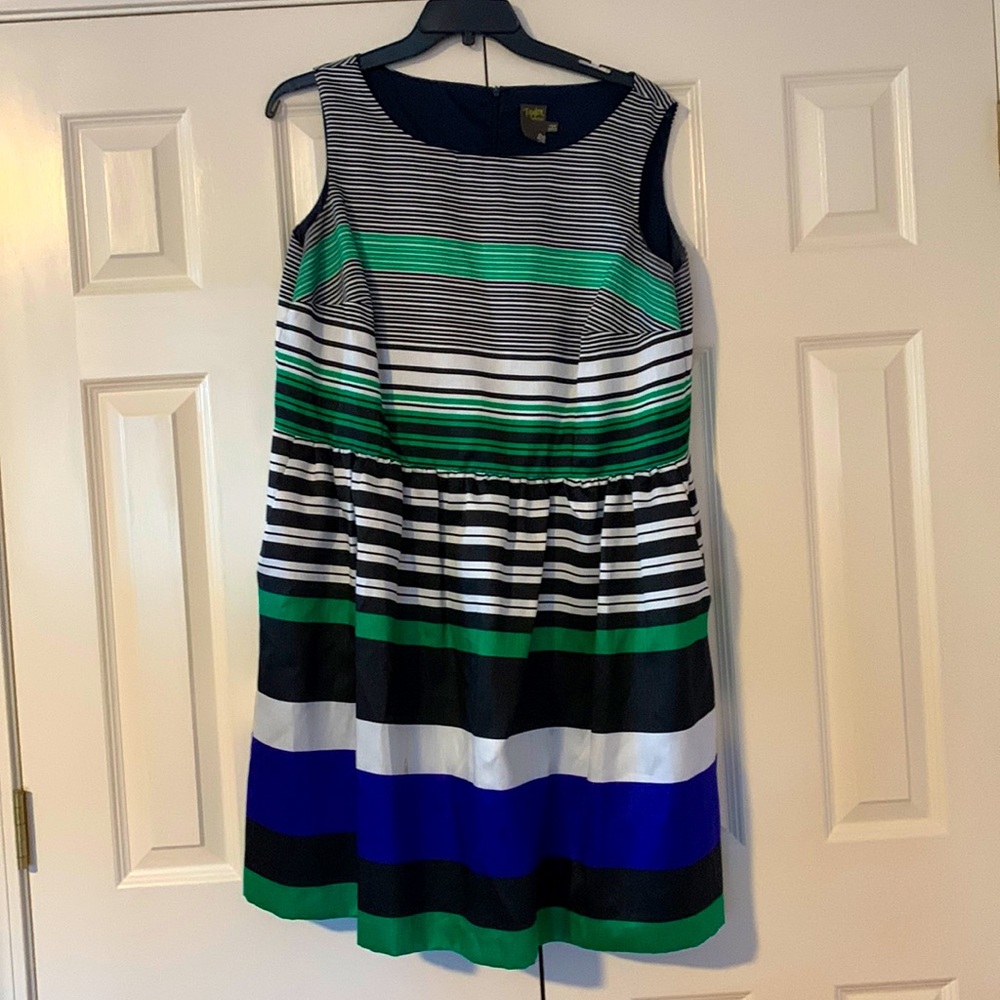 Beautiful blue white black and green striped sleeveless dress.